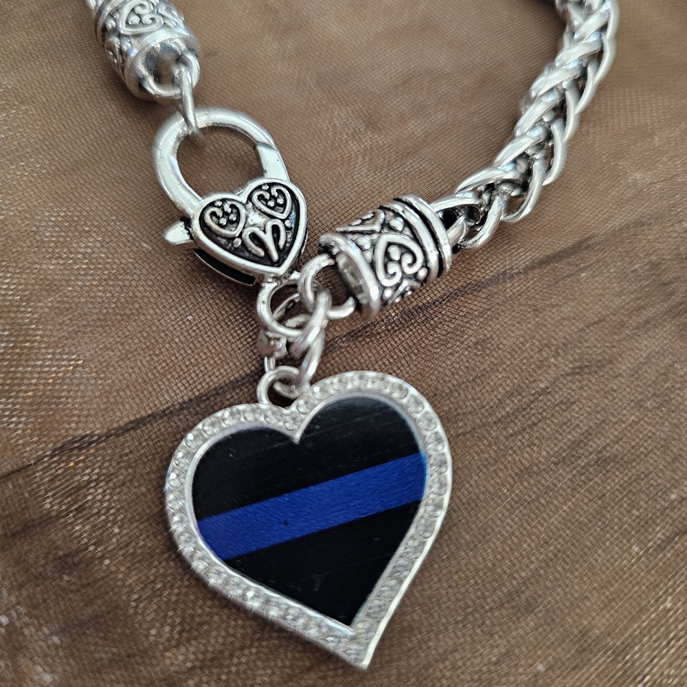Silver Bracelet with Heart Charm and Blue Accents